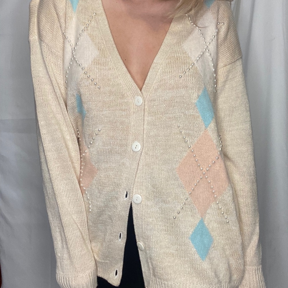 Vintage argyle and pearl button down sweater
